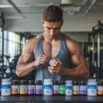 A photo of a young man in a gym taking supplements for his well-being. He is wearing a gym outfit and has a muscular build. The supplements are arranged neatly on the table. The background is a gym with fitness equipment.