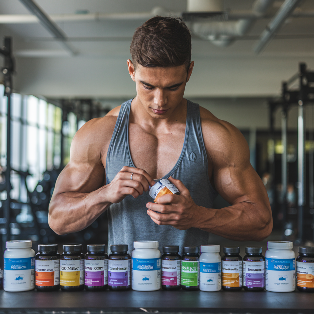 A photo of a young man in a gym taking supplements for his well-being. He is wearing a gym outfit and has a muscular build. The supplements are arranged neatly on the table. The background is a gym with fitness equipment.