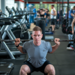 A photo of a man doing squats in a busy gym. The man has short, dark hair and wears a gray t-shirt and black shorts. He is squatting down with a barbell across his shoulders. The background is filled with gym equipment, including treadmills, weight machines, and free weights. There are also other people working out in the gym.
