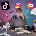 A photo-real image of a young person sitting at a desk with a laptop. The person is surrounded by various icons representing different side hustle activities. There's a pet (for pet sitting), a camera (for content creation), and a stack of cash, all symbolising the different opportunities available for side hustles. The background features social media icons like TikTok, Instagram, and YouTube, giving off a vibrant and creative vibe, perfect for a Gen Z audience.
