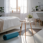 A bright, minimalist bedroom at sunrise with soft natural light streaming through the window. The bed is neatly made, and a bedside table holds a glass of water, a journal, and a small plant. On the floor, a yoga mat is laid out, hinting at a morning stretching session. In the background, a calm, organized workspace is visible, setting the scene for a productive day ahead.